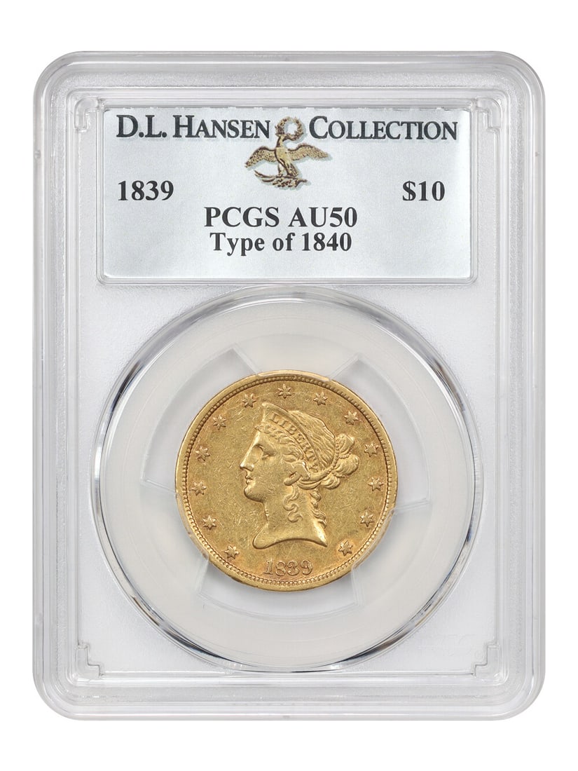 1839 Liberty Head $10 Gold Coin PCGS AU50 Rare Type of 1840: 1839 Liberty Head $10 Gold Coin PCGS AU50 Rare Type of 1840 This 1839 $10 Liberty Head Gold Coin is a remarkable piece from the second year of the series, featuring a striking new design. With a low m