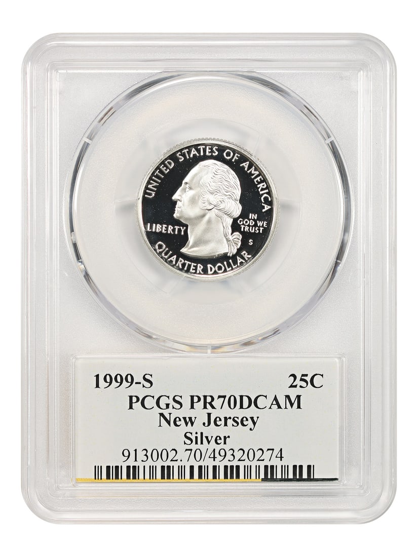 PCGS PR70DCAM 1999-S New Jersey Silver State Quarter 25C: PCGS PR70DCAM 1999-S New Jersey Silver State Quarter 25C 1999-S New Jersey 25C proof coin from the Washington 50 States Quarters series, certified by PCGS and graded PR70DCAM. The coin is described as