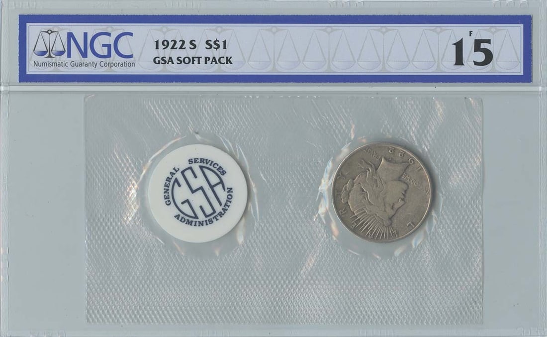 1922-S Peace Dollar Soft Pack San Francisco NGC F15 Certified: 1922-S Peace Dollar Soft Pack San Francisco NGC F15 Certified This 1922-S Peace Dollar is a circulated coin from the San Francisco Mint, certified by NGC with a grade of F15. It comes in a GSA soft pa