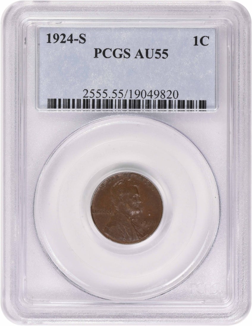 PCGS AU55 1924 S Lincoln Wheat Small Cent: PCGS AU55 1924 S Lincoln Wheat Small Cent 1924-S Lincoln Wheat Cent certified by PCGS and graded AU55. This United States small cent is composed of copper and is identified as a pre-owned example from