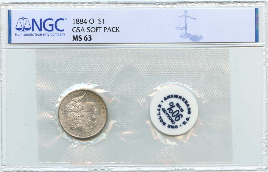 NGC MS63 1884 O Morgan Dollar in GSA Soft Pack: NGC MS63 1884 O Morgan Dollar in GSA Soft Pack This 1884 Morgan Dollar is graded MS63 by NGC and is presented in a GSA soft pack. Struck in Philadelphia, this uncirculated coin is a classic example of