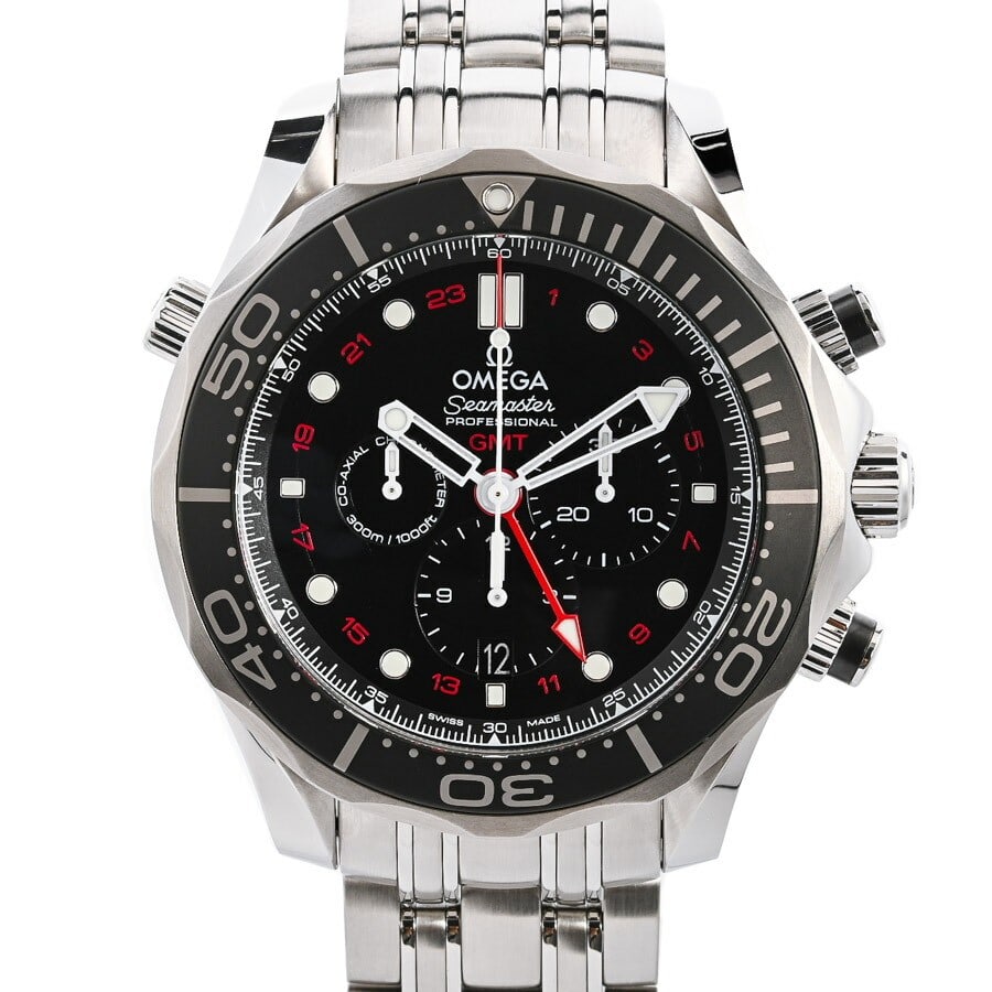 OMEGA 212.30.44.52.01.001 Seamaster Diver 300M GMT Chronograph Watch: OMEGA 212.30.44.52.01.001 Seamaster Diver 300M GMT Chronograph Watch OMEGA Seamaster Diver 300M Co-Axial GMT Chronograph wristwatch for men. This pre-owned model is made in Switzerland and features th