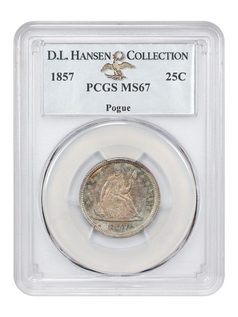 PCGS MS67 1857 Liberty Seated Quarter 25C ex D.L. Hansen Pogue: PCGS MS67 1857 Liberty Seated Quarter 25C ex D.L. Hansen Pogue An 1857 Liberty Seated Quarter graded PCGS MS67 and certified by PCGS. This uncirculated Philadelphia issue is from the Twenty Cents and 