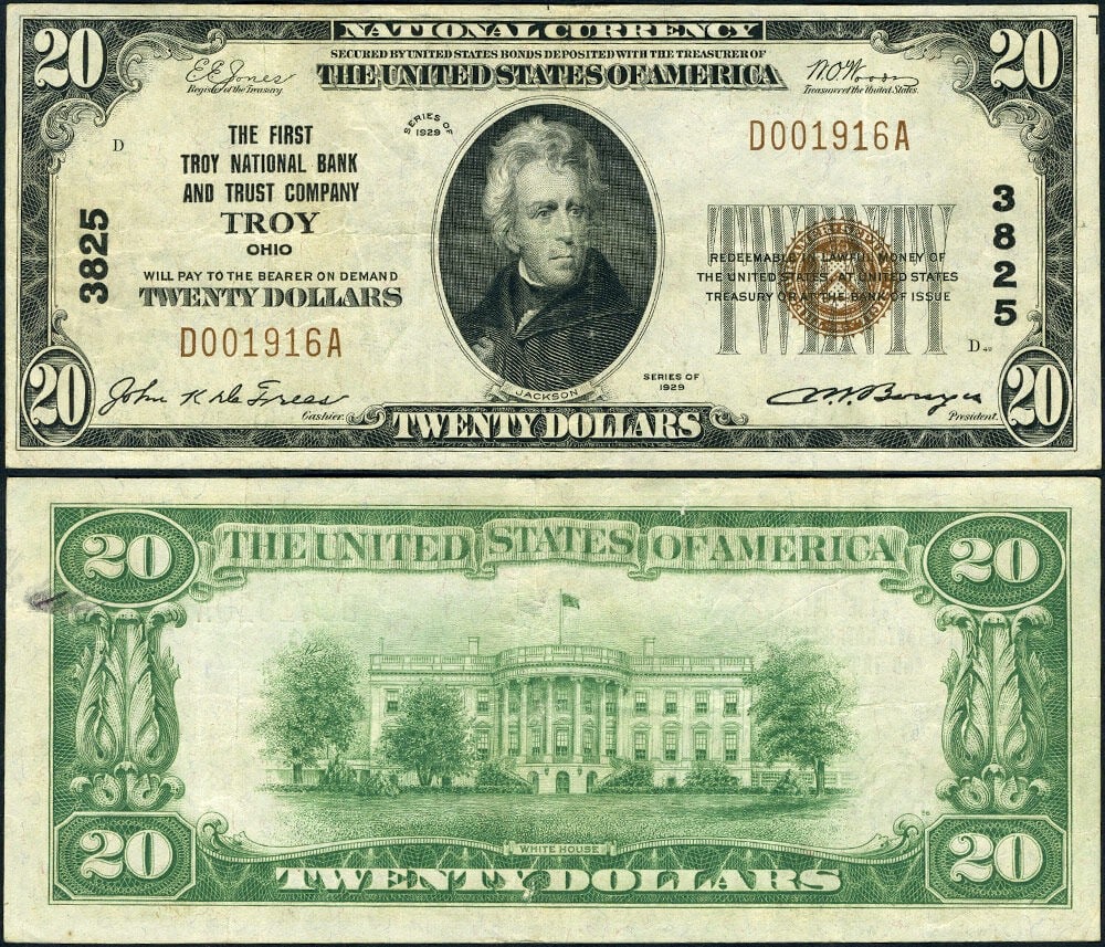 1929 $20 Troy Ohio National Bank Note CH 3825 VF+ (1 of 3)