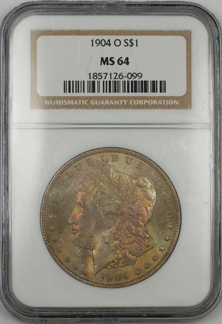 1904 O Morgan Dollar NGC MS-64 Toned Obverse: 1904 O Morgan Dollar NGC MS-64 Toned Obverse This 1904-O Morgan Silver Dollar features a toned obverse and is graded MS 64. The coin is composed of silver, originates from the United States, and was m