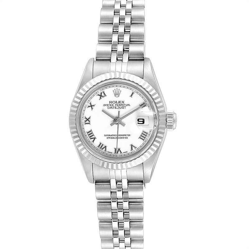 Rolex 69174 Datejust ladies watch white Roman dial with 1999 papers: Rolex 69174 Datejust ladies watch white Roman dial with 1999 papers This ladies Rolex Datejust features a white Roman numeral dial, a fluted bezel, and a Jubilee bracelet. The reference number for thi