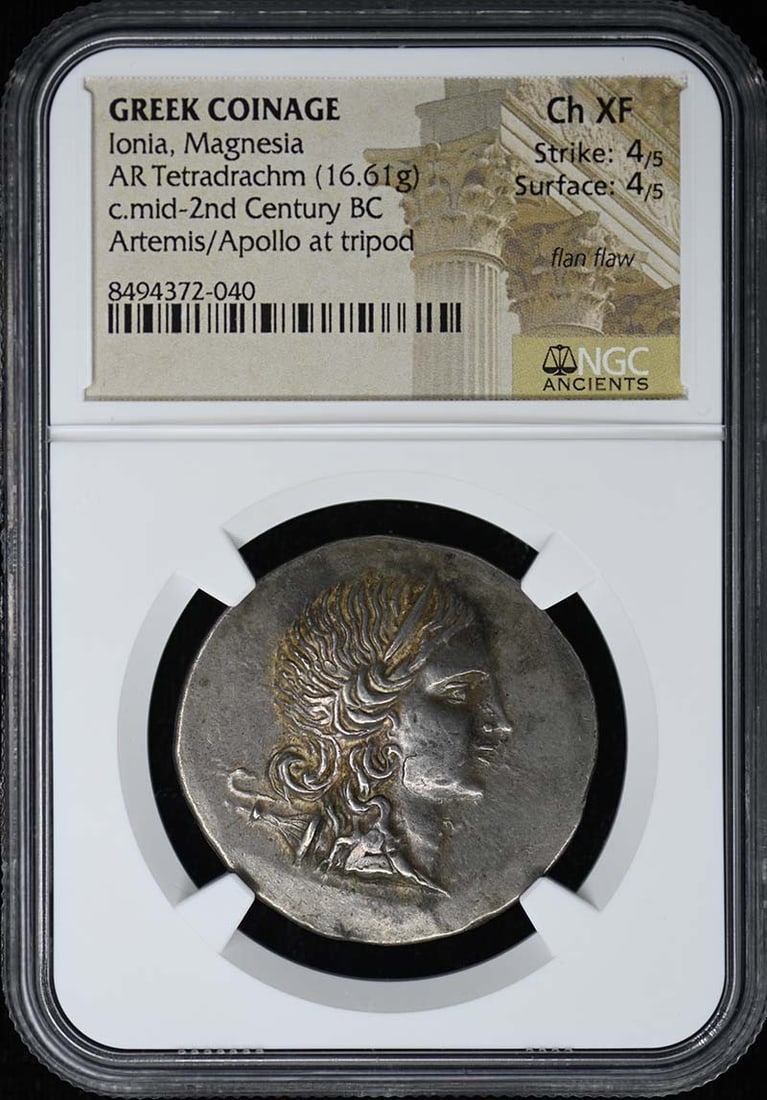 AR Tetradrachm from Magnesia Ionia NGC Certified Choice XF: AR Tetradrachm from Magnesia Ionia NGC Certified Choice XF This is an ancient Greek AR Tetradrachm coin from Magnesia in Ionia, weighing 16.61 grams. The coin is certified by NGC with a grade of Choic