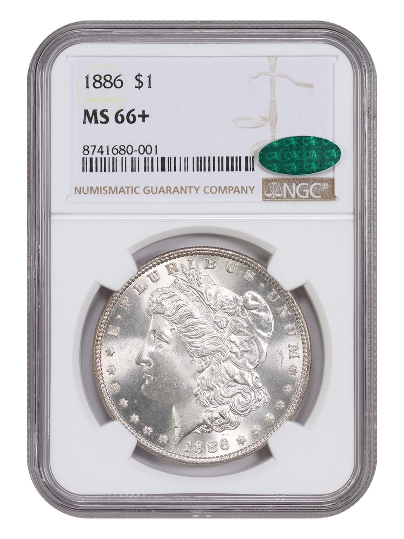 1886 Philadelphia Morgan Dollar $1 NGC MS66+ Uncirculated: 1886 Philadelphia Morgan Dollar $1 NGC MS66+ Uncirculated An 1886 Morgan Dollar struck at the Philadelphia Mint and certified by NGC with CAC approval. The coin is uncirculated and graded MS66+. A pop