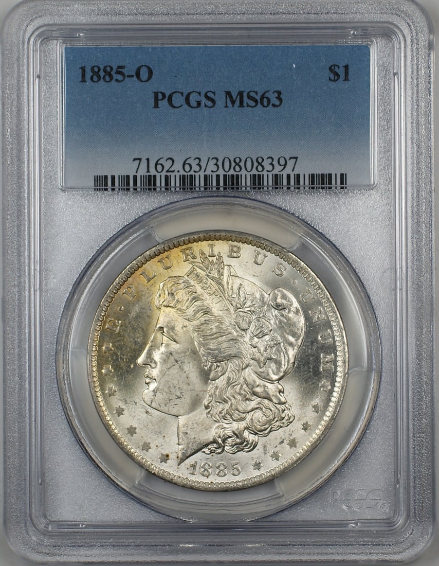PCGS MS63 1885 O Morgan Silver Dollar: PCGS MS63 1885 O Morgan Silver Dollar This is an 1885-O Morgan Silver Dollar graded MS-63 by PCGS. Struck at the New Orleans Mint, this uncirculated coin features a lightly toned finish and is compose