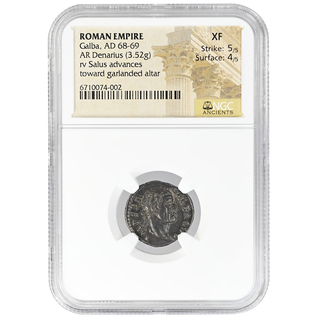 NGC XF Galba Roman Empire silver denarius 3.52g: NGC XF Galba Roman Empire silver denarius 3.52g This AR Denarius from the Roman Empire dates to the reign of Galba (AD 68-69). Struck in silver, the coin weighs 3.52 grams and is graded XF by NGC, wit