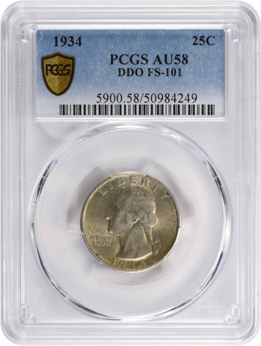 1934 Washington Quarter AU58 DDO FS-101 PCGS Certified Silver Coin: 1934 Washington Quarter AU58 DDO FS-101 PCGS Certified Silver Coin This 1934 Washington Quarter features the DDO FS-101 variety and is graded AU58 by PCGS. Minted in Philadelphia, this coin showcases 