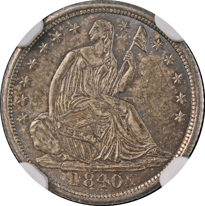 1840 Philadelphia Seated Liberty Half Dime No Drapery Silver NGC MS64: 1840 Philadelphia Seated Liberty Half Dime No Drapery Silver NGC MS64 This 1840-P Seated Liberty Half Dime features the No Drapery variety and is certified by NGC with a high grade of MS64. The coin d
