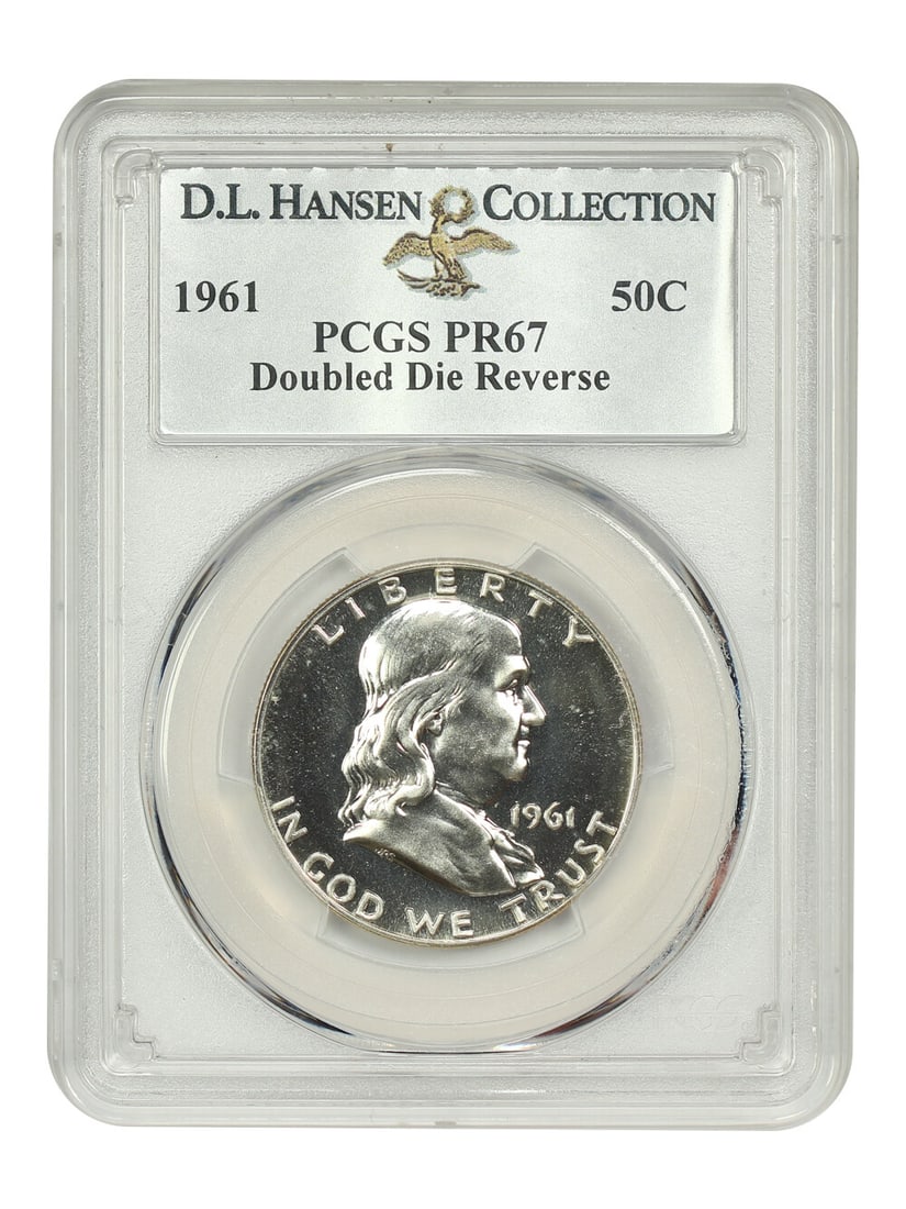 PCGS PR67 1961 Franklin Half Dollar 50C Doubled Die Reverse: PCGS PR67 1961 Franklin Half Dollar 50C Doubled Die Reverse A 1961 Franklin Half Dollar 50C graded PR67 by PCGS with a doubled die reverse. This uncirculated proof coin is certified by PCGS, with cert