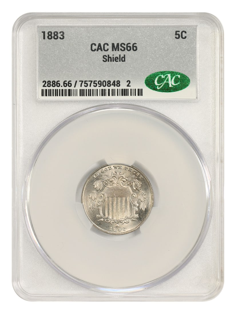 CACG MS66 1883 Shield Nickel 5C Uncirculated Philadelphia: CACG MS66 1883 Shield Nickel 5C Uncirculated Philadelphia An 1883 Shield Nickel 5C from the Philadelphia Mint, certified by CACG as MS66. This uncirculated pre-owned type coin shows light natural toni