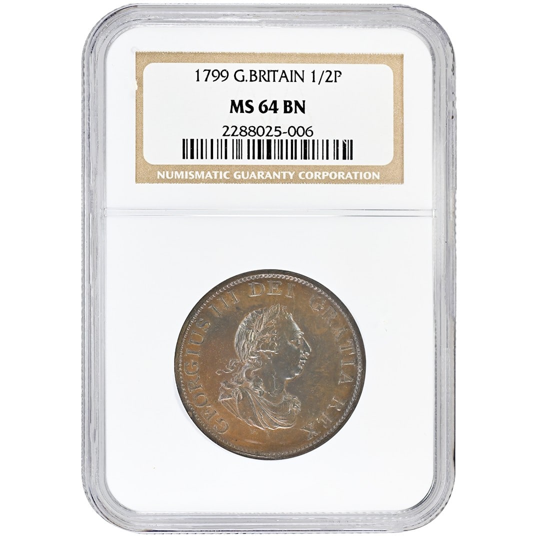NGC MS64BN George III 1799 Copper Half Penny (1 of 2)