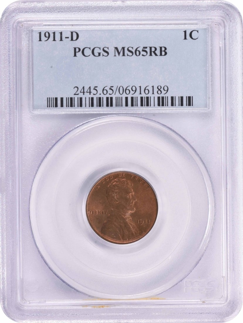 PCGS MS65RB 1911-D Lincoln Wheat Cent: PCGS MS65RB 1911-D Lincoln Wheat Cent This is a 1911-D Lincoln Wheat Cent graded MS65RB by PCGS. The coin is uncirculated and features a copper composition. It was minted in Denver and is encapsulated