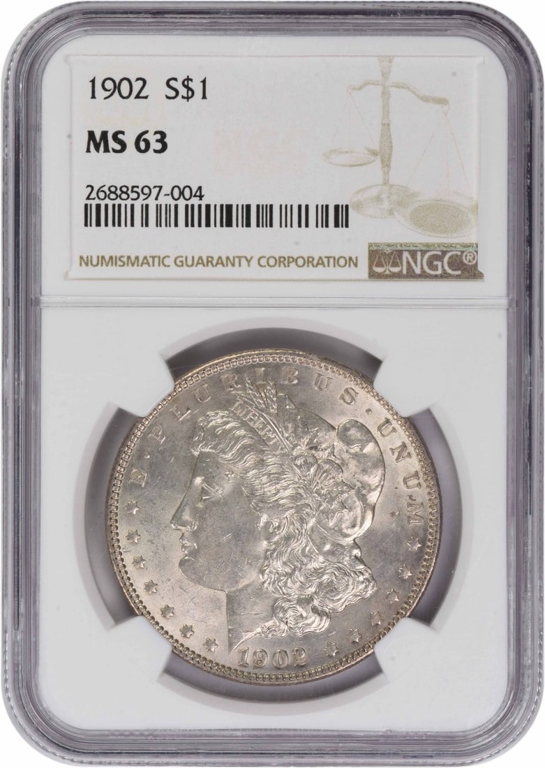NGC MS63 1902 Philadelphia Morgan Dollar 90 Percent Silver Coin: NGC MS63 1902 Philadelphia Morgan Dollar 90 Percent Silver Coin This 1902 Morgan Silver Dollar is certified MS63 by NGC and was minted in Philadelphia. Composed of 90% silver and 10% copper, this unci
