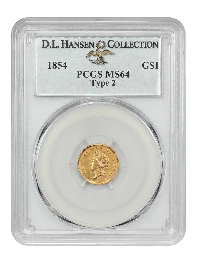 1854 G$1 Gold Dollar Coin PCGS MS64 Type 2 D.L. Hansen: 1854 G$1 Gold Dollar Coin PCGS MS64 Type 2 D.L. Hansen This 1854 Gold Dollar (G$1) is graded MS64 by PCGS, making it a noteworthy piece for collectors. With its certification number 81284243, this unc