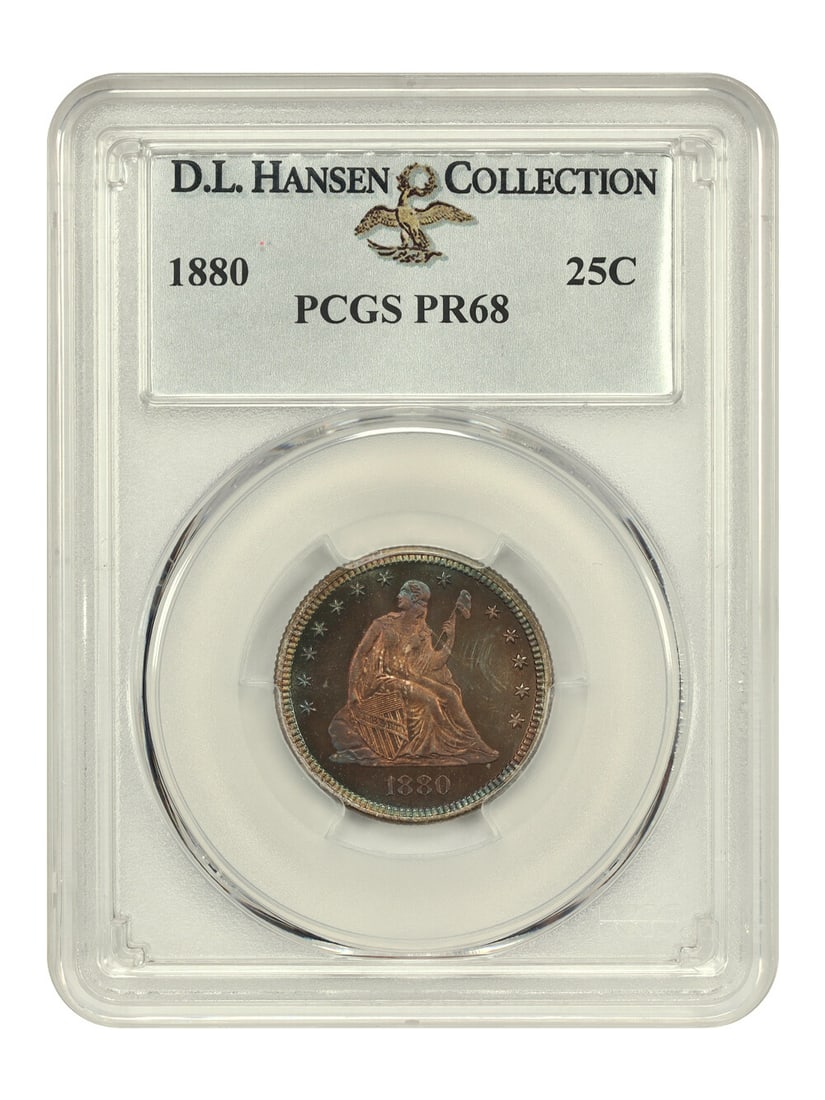 PCGS PR68 1880 Liberty Seated Quarter 25C ex D.L. Hansen: PCGS PR68 1880 Liberty Seated Quarter 25C ex D.L. Hansen 1880 25C Liberty Seated Quarter graded PR68 by PCGS. It is an uncirculated proof coin from Philadelphia, certified by PCGS with certification n