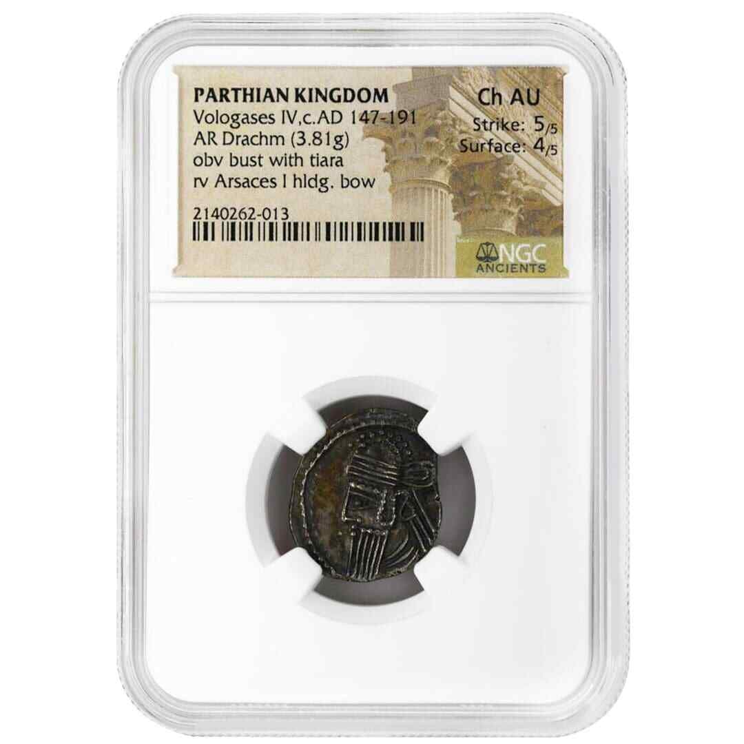 Parthian Silver Drachm of Vologases IV NGC Ch AU: Parthian Silver Drachm of Vologases IV NGC Ch AU This is a silver AR Drachm from the Parthian Kingdom, issued during the reign of Vologases IV (circa AD 147-191). The coin is certified by NGC and grad