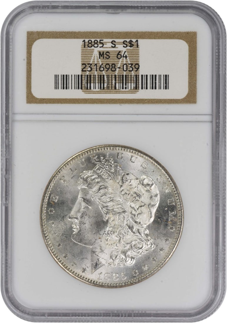 NGC MS64 1885-S San Francisco Morgan Dollar 90 Percent Silver Coin: NGC MS64 1885-S San Francisco Morgan Dollar 90 Percent Silver Coin This 1885-S Morgan Silver Dollar is graded MS64 by NGC and was minted in San Francisco. The coin is composed of 90% silver and 10% co