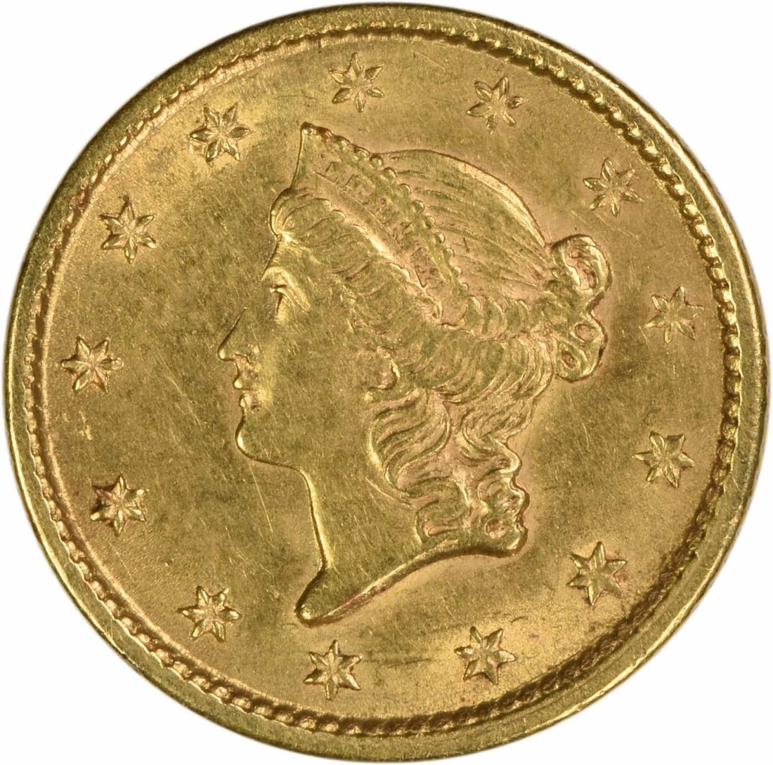1853 Philadelphia $1 Liberty Gold Coin MS60 Uncertified: 1853 Philadelphia $1 Liberty Gold Coin MS60 Uncertified This 1853 $1 Gold Type 1 coin was struck at the Philadelphia Mint and features the design by James Barton Longacre. Composed of 90% gold and 10%