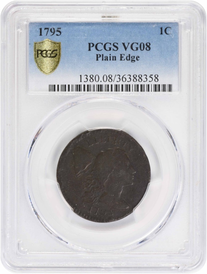 PCGS VG08 1795 Flowing Hair Copper Large Cent Plain Edge: PCGS VG08 1795 Flowing Hair Copper Large Cent Plain Edge This 1795 Large Cent features a plain edge and is graded VG08 by PCGS. Struck in copper, it is part of the Flowing Hair series and was minted i