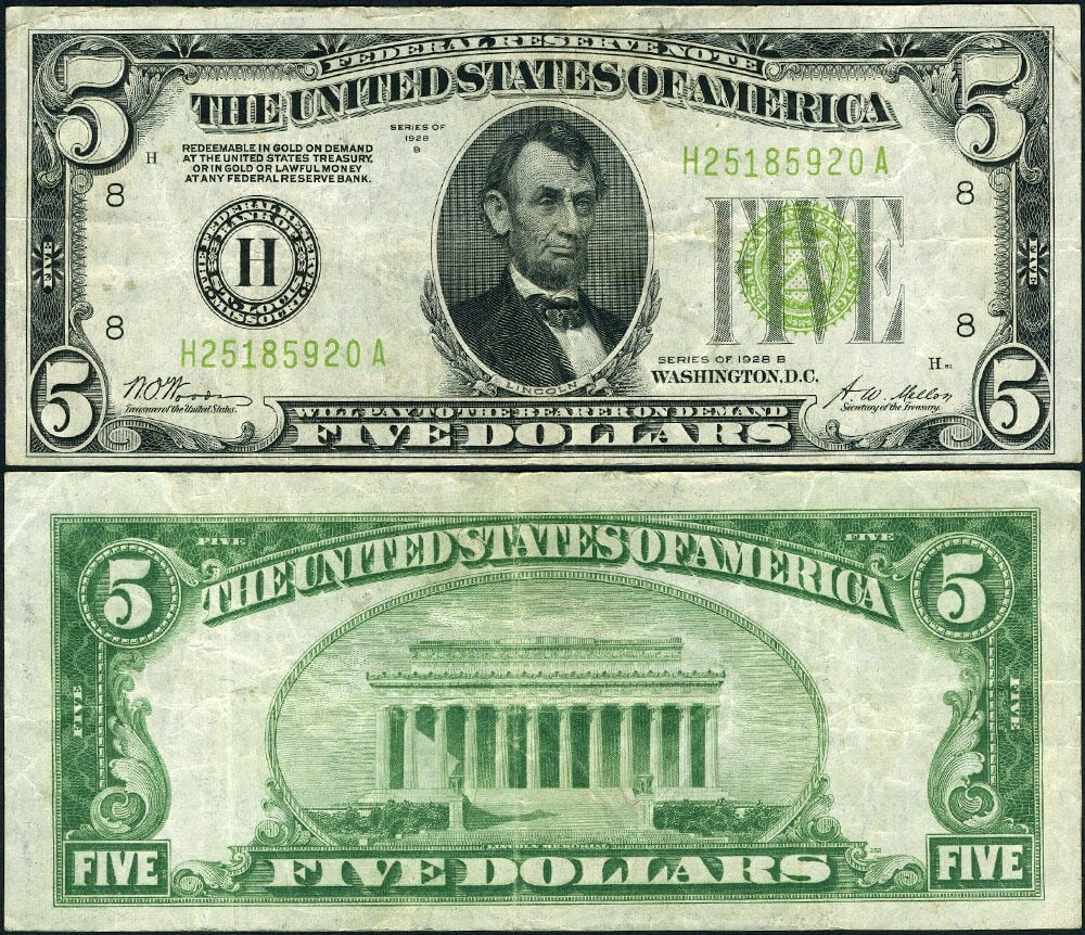 1928-B $5 Federal Reserve Note St Louis H-A Block Light Green Seal VF+ (1 of 3)