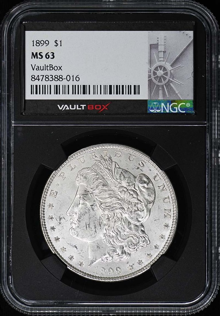 NGC MS63 1899 Morgan Silver Dollar Philadelphia Mint Vault Box: NGC MS63 1899 Morgan Silver Dollar Philadelphia Mint Vault Box This 1899 Morgan Dollar is certified by NGC with a grade of MS63. The coin is uncirculated and was minted in Philadelphia. It features th
