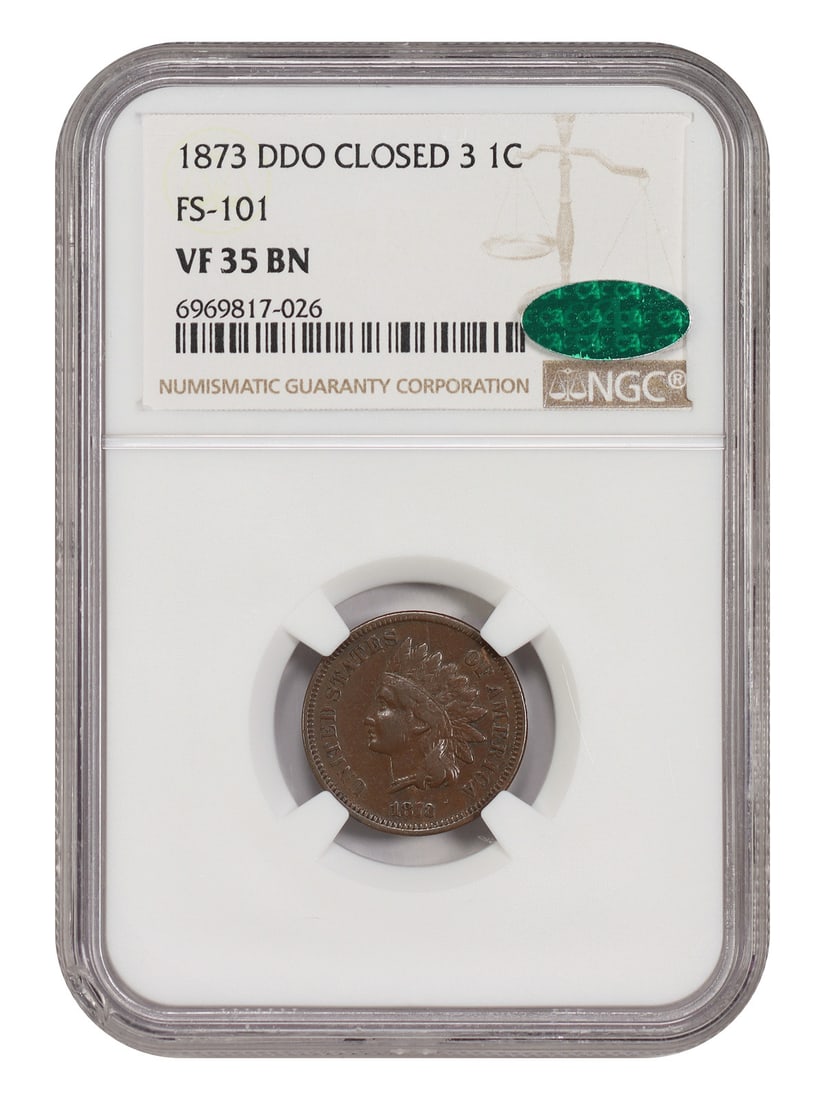 1873 Indian Cent NGC CAC VF35 Closed 3 DDO FS-101: 1873 Indian Cent NGC CAC VF35 Closed 3 DDO FS-101 This 1873 Indian Cent is a notable variety, featuring the Closed 3 date and the famous doubled die obverse (FS-101), which displays strong doubling on