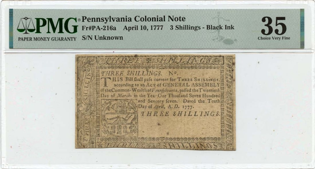 1777 Pennsylvania 3 Shillings Colonial Note FR#PA-216a PMG VF35: 1777 Pennsylvania 3 Shillings Colonial Note FR#PA-216a PMG VF35 This 1777 April 10, 3 Shillings Pennsylvania Colonial Note (FR#PA-216a) is certified by PMG with a grade of VF35, indicating it is in ve