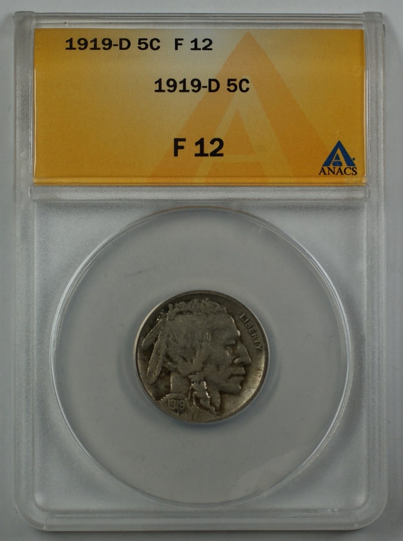 ANACS F12 1919-D Buffalo 5 Cent Coin: ANACS F12 1919-D Buffalo 5 Cent Coin This is a 1919-D Buffalo Nickel graded F-12 by ANACS. The coin was minted in Denver and is classified as circulated. It features the classic Buffalo Nickel design 