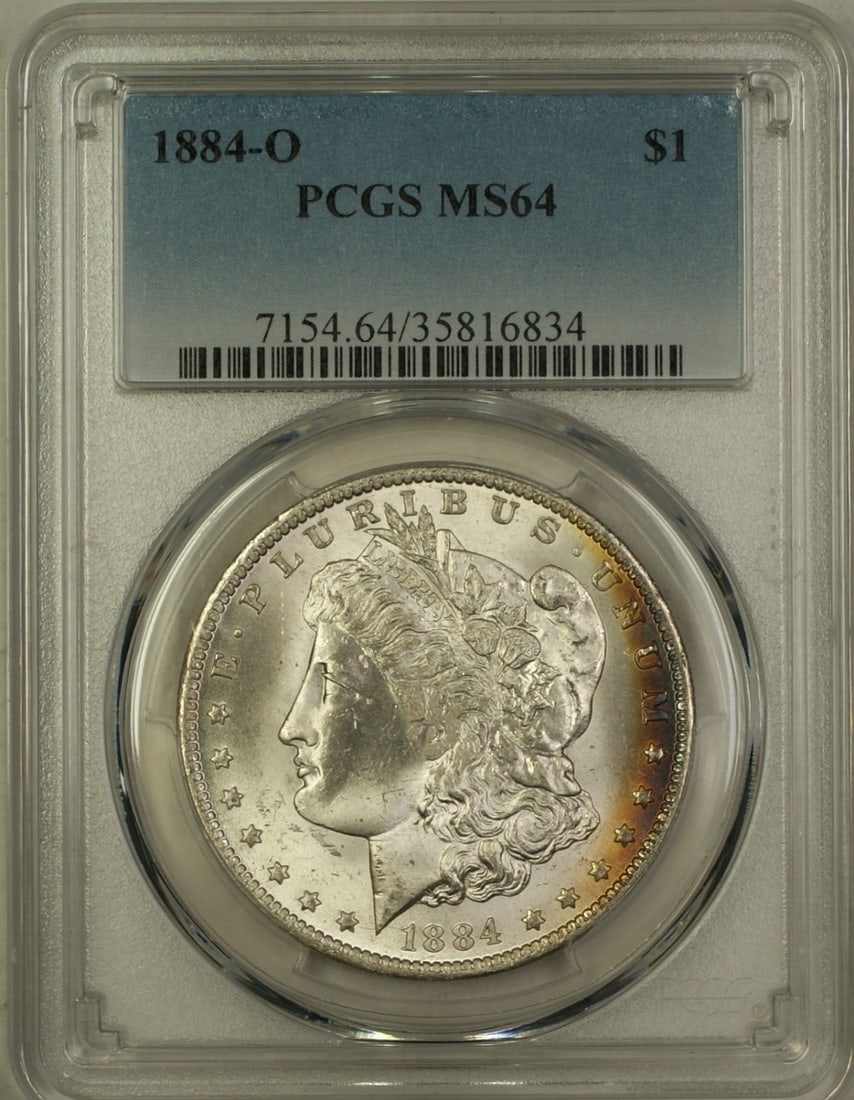 PCGS MS64 1884-O Morgan Dollar Uncirculated Silver Coin Light Toned Rim: PCGS MS64 1884-O Morgan Dollar Uncirculated Silver Coin Light Toned Rim This is an 1884-O Morgan Silver Dollar $1 coin certified by PCGS with a grade of MS-64. The coin was minted in New Orleans, feat
