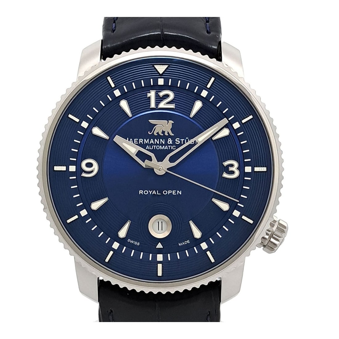 Jaermann Stubi Royal Open RO7 Automatic Blue Dial Steel Watch: Jaermann Stubi Royal Open RO7 Automatic Blue Dial Steel Watch This Jaermann & Stubi Royal Open RO7 is a men's automatic wristwatch featuring a stainless steel case and a blue dial. The watch comes wit
