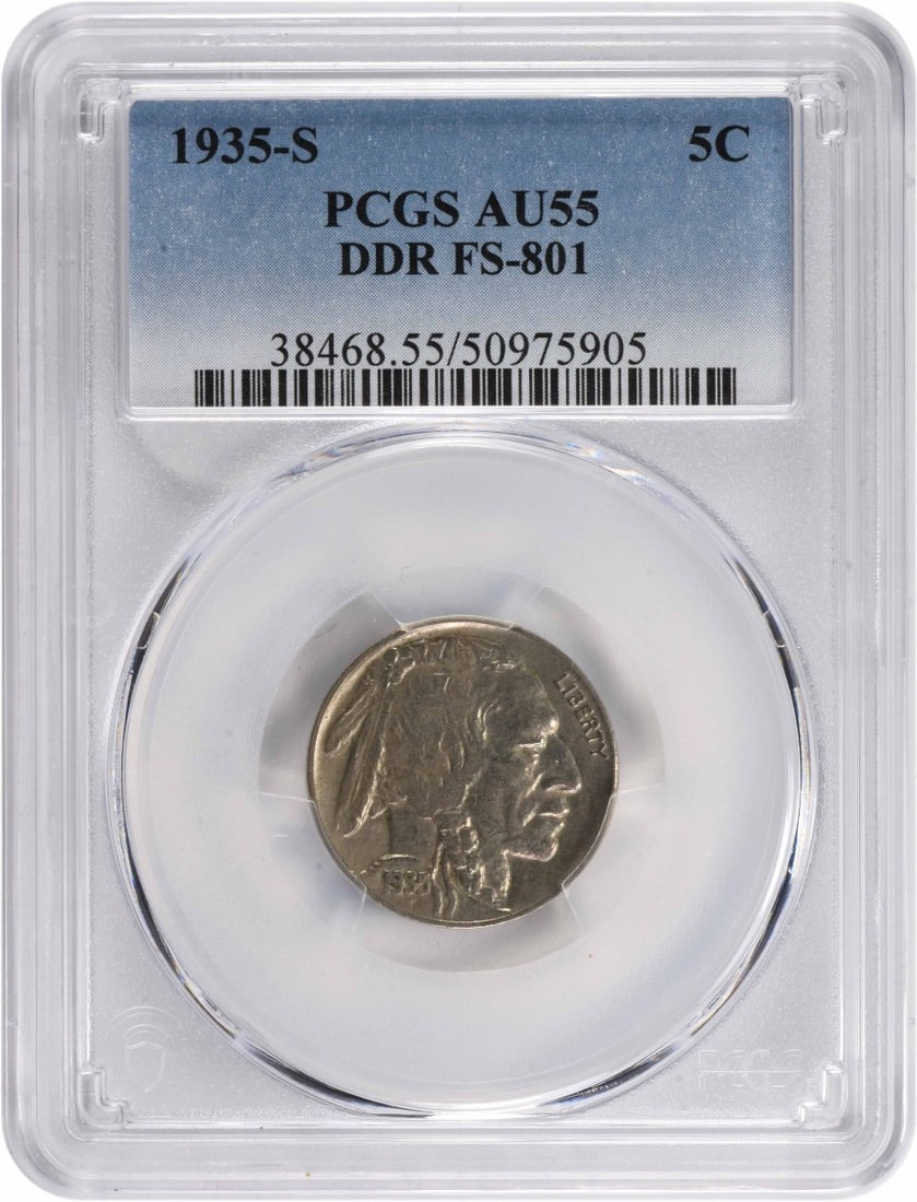1935-S Buffalo Nickel AU55 PCGS James Earle Fraser Design: 1935-S Buffalo Nickel AU55 PCGS James Earle Fraser Design This 1935-S Buffalo Nickel is a remarkable piece certified by PCGS with an AU55 grade. Minted in San Francisco, this coin features the iconic 