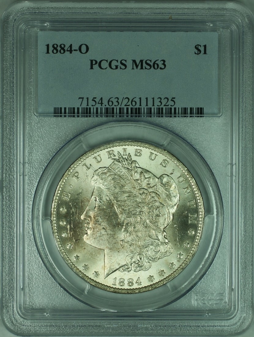 1884-O $1 Morgan Silver Dollar PCGS MS63 New Orleans Mint: 1884-O $1 Morgan Silver Dollar PCGS MS63 New Orleans Mint This 1884-O Morgan Silver Dollar features certification by PCGS with a grade of MS 63. Minted in New Orleans, it is composed of silver and rem