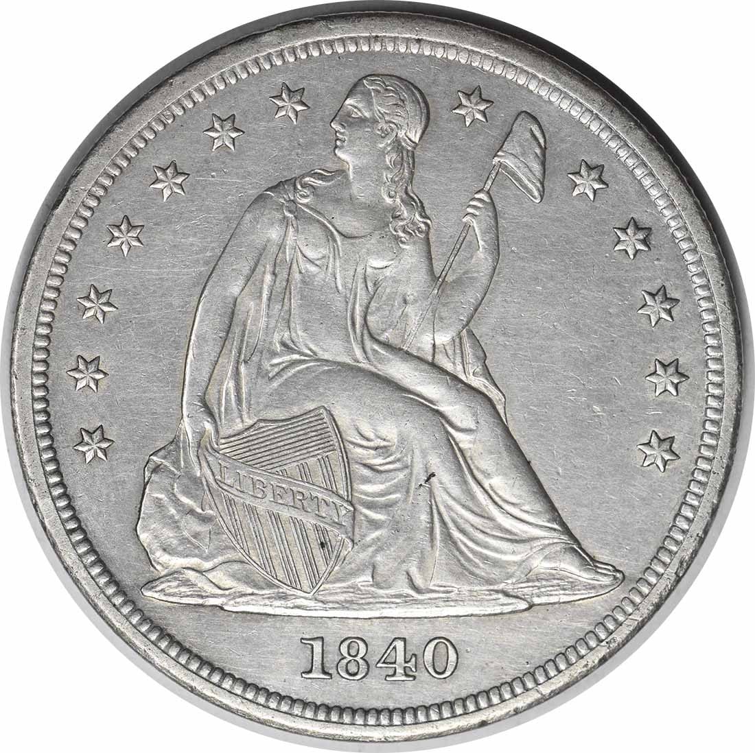 1840 Seated Liberty $1 Silver Coin AU Uncertified: 1840 Seated Liberty $1 Silver Coin AU Uncertified This 1840 Liberty Seated Silver Dollar is an attractive example of early American coinage. Struck at the Philadelphia Mint, it features the classic Se
