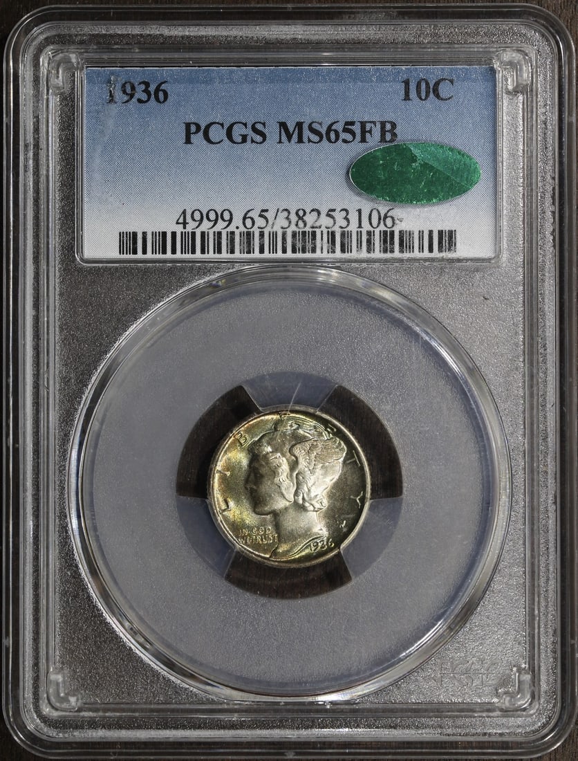 1936 Mercury Dime PCGS MS65FB CAC Great Color: 1936 Mercury Dime PCGS MS65FB CAC Great Color This 1936 Mercury Dime is graded MS65FB by PCGS and features great color. Struck in Philadelphia, it is composed of 90% silver and represents the classic 