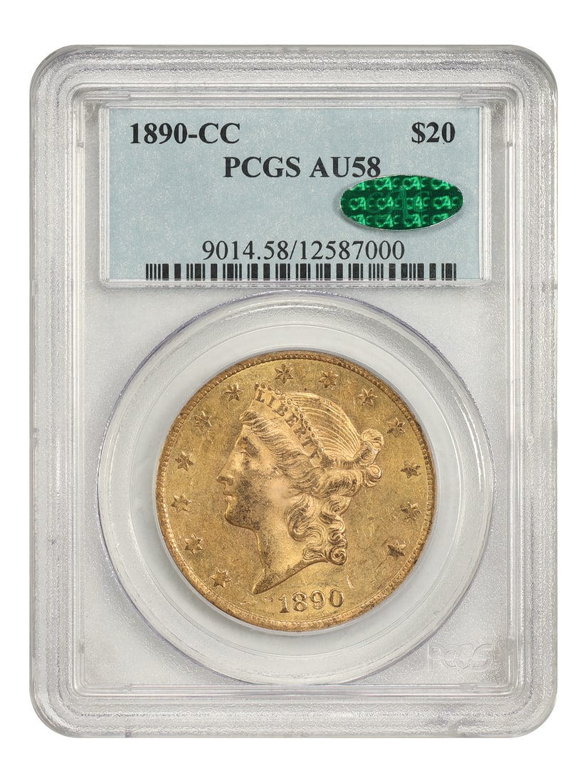 1890 Carson City Liberty Head $20 Gold PCGS AU58 CAC: 1890 Carson City Liberty Head $20 Gold PCGS AU58 CAC 1890-CC Liberty Head $20 gold coin certified by PCGS with a CAC sticker. This Carson City Mint issue is described as a circulated slider with caram