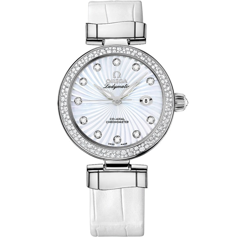 Omega De Ville Ladymatic White Diamond Dial Ladies Watch Leather Strap Card: Omega De Ville Ladymatic White Diamond Dial Ladies Watch Leather Strap Card This Omega De Ville Ladymatic Omega Co-Axial watch features a white diamond dial and a diamond-set bezel, paired with a leat