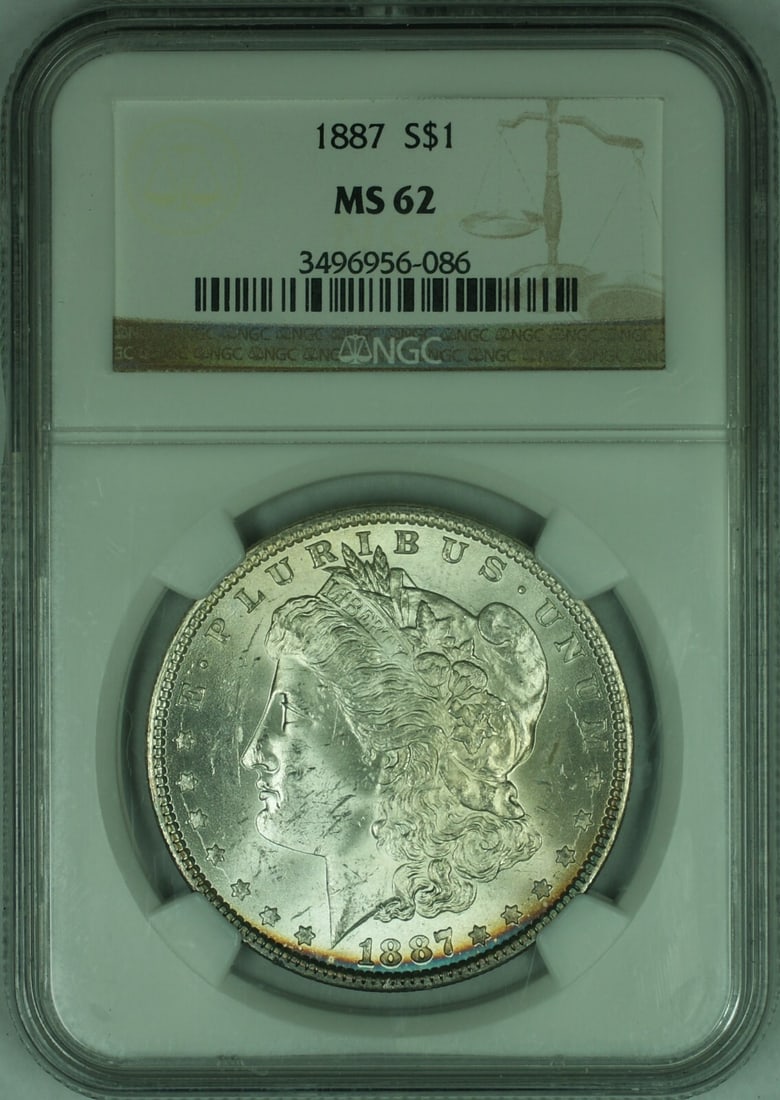 NGC MS-62 1887 Morgan Dollar Silver Coin Philadelphia Mint $1: NGC MS-62 1887 Morgan Dollar Silver Coin Philadelphia Mint $1 This 1887 Morgan Silver Dollar features a $1 denomination and was minted in Philadelphia, United States. Composed of 90% silver, the coin 
