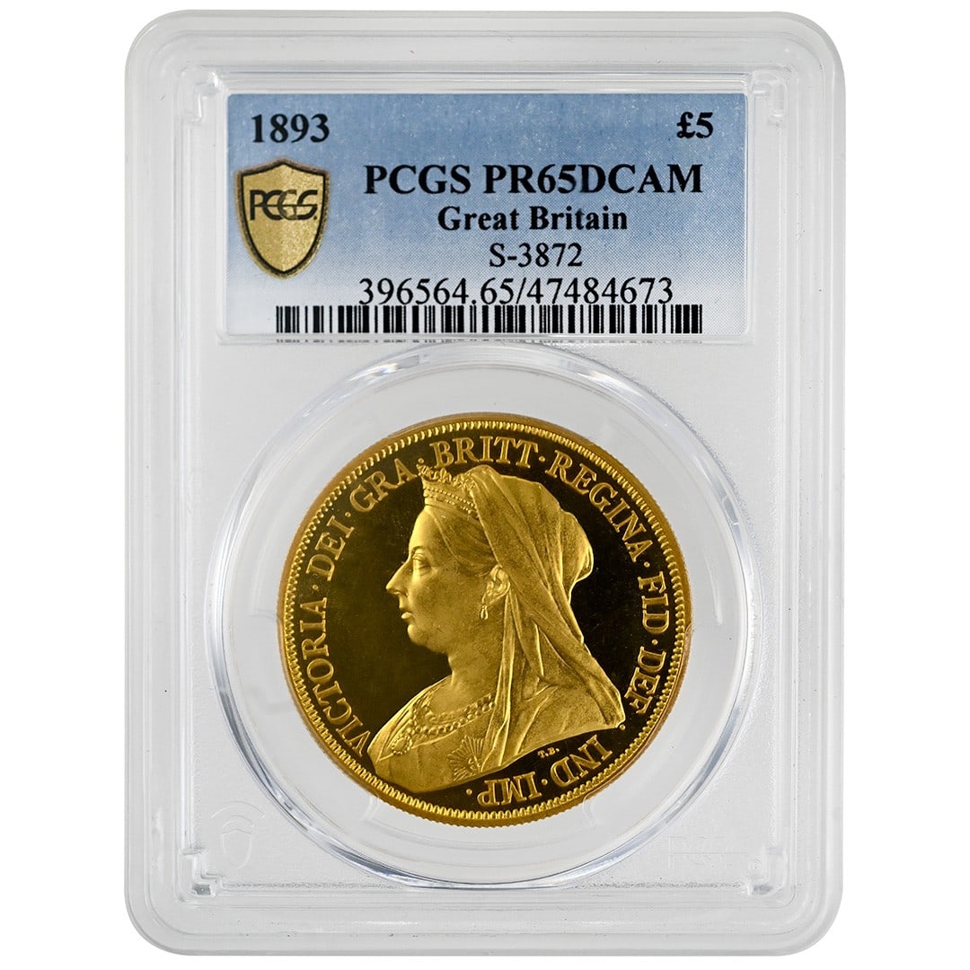 PCGS PR65DCAM 1893 Great Britain 5 Sovereign Gold Victoria: PCGS PR65DCAM 1893 Great Britain 5 Sovereign Gold Victoria This 1893 Great Britain 5 Sovereign gold coin features Queen Victoria's final "widowed" head portrait, designed by Thomas Brock. Struck as pa