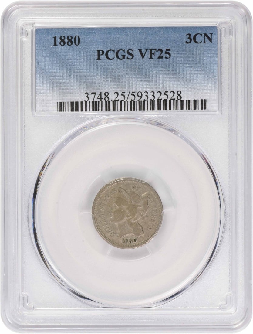 PCGS VF25 1880 United States 3C Nickel Coin: PCGS VF25 1880 United States 3C Nickel Coin 1880 Three Cent Nickel graded VF25 by PCGS. This circulated United States coin is composed of nickel and has a denomination of 3C. It is listed as pre-owned