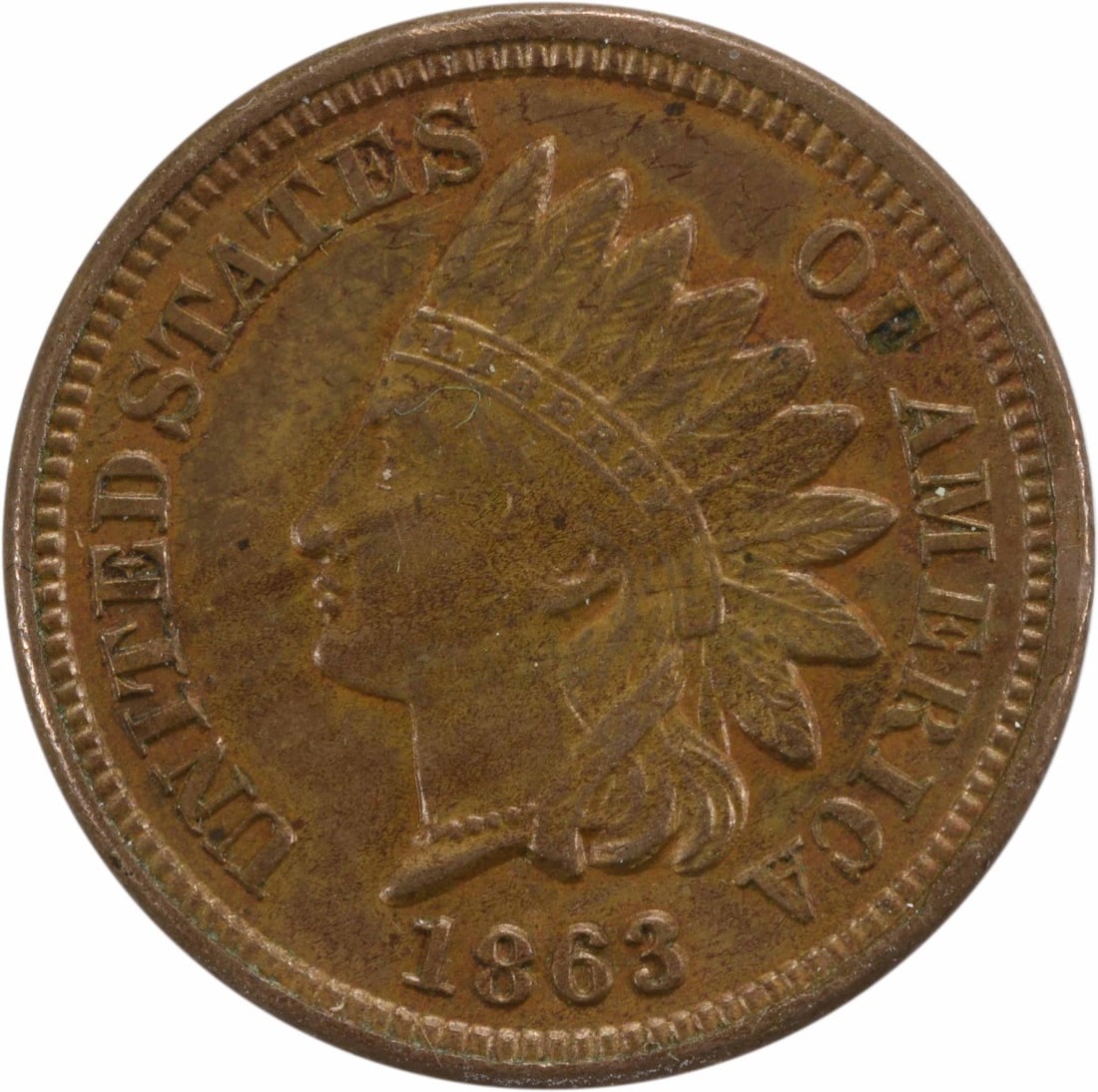 1863 Copper Indian Head Small Cent AU Uncertified: 1863 Copper Indian Head Small Cent AU Uncertified This is an 1863 Indian Head Cent composed of copper, featuring the iconic Native American headdress design. The coin is circulated and graded as AU (A