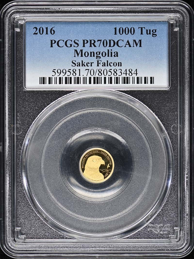 2016 United Kingdom 1000 T Saker Falcon PCGS PR70DCAM: 2016 United Kingdom 1000 T Saker Falcon PCGS PR70DCAM This is a 2016 1000 T Saker Falcon coin from the United Kingdom, certified by PCGS with a PR70DCAM grade. The coin is uncirculated and comes with 