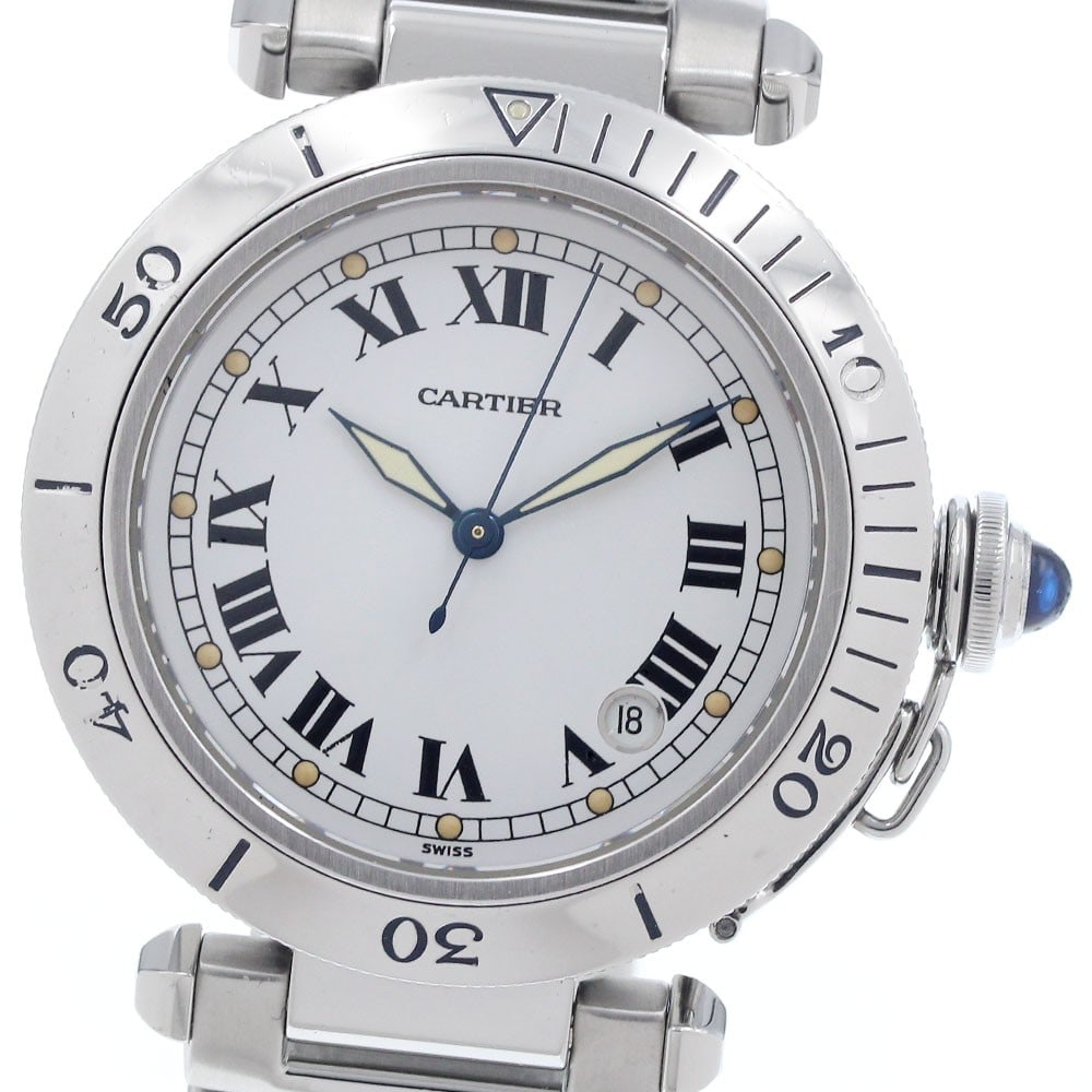 Cartier Pasha 38mm Automatic Men's White Roman Wristwatch: Cartier Pasha 38mm Automatic Men's White Roman Wristwatch This is a Cartier Pasha 38mm W31005H3 early model automatic men's wristwatch featuring a classic white dial with Roman numeral markers. Made i