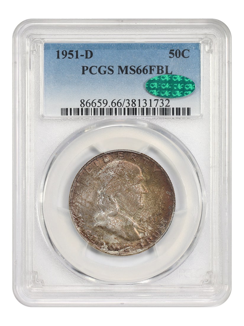 1951-D Franklin Half Dollar PCGS CAC MS66FBL: 1951-D Franklin Half Dollar PCGS CAC MS66FBL This is a 1951-D Franklin Half Dollar graded MS66FBL by PCGS, also certified by CAC. The coin is uncirculated and features a Full Bell Lines (FBL) designat