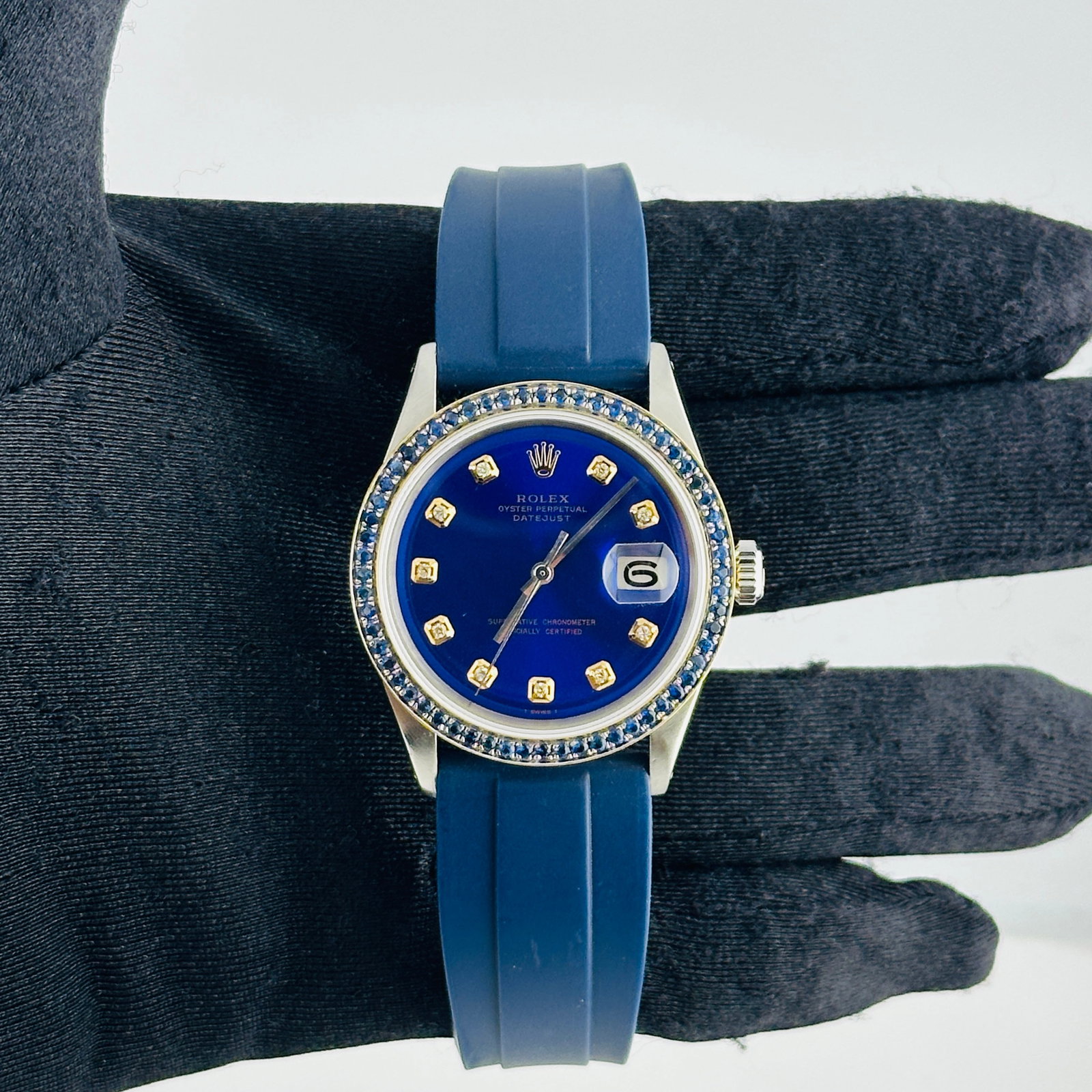 Rolex Datejust Ref 1601 Mens Watch Aftermarket Blue Yellow Diamond Dial Rubber Strap YG Buckle: Rolex Datejust Ref 1601 Mens Watch Aftermarket Blue Yellow Diamond Dial Rubber Strap YG Buckle This men's Rolex Datejust features an aftermarket blue and yellow diamond dial and a pave blue diamond-pl