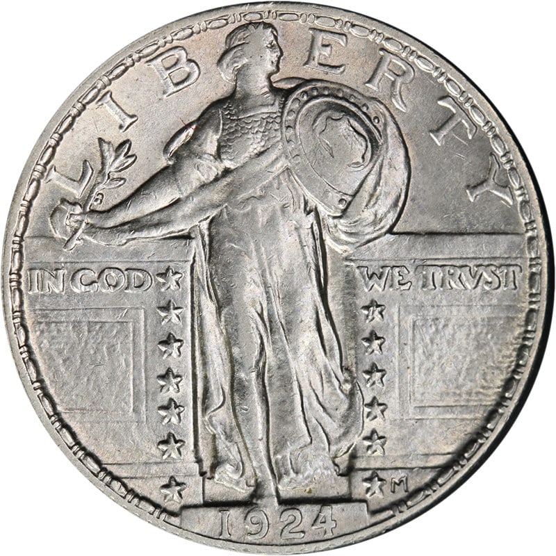 1924 P Standing Liberty Silver Quarter AU BU: 1924 P Standing Liberty Silver Quarter AU BU This 1924-P Standing Liberty Quarter features attractive eye appeal, bright white luster, and a well-defined strike. The coin is composed of silver with a 