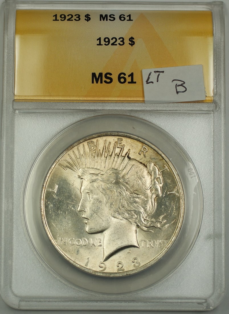 ANACS MS 61 1923 Peace Dollar Silver $1 Lightly Toned: ANACS MS 61 1923 Peace Dollar Silver $1 Lightly Toned This 1923 Silver Peace Dollar features a lightly toned finish and has been graded MS-61 by ANACS, indicating it is in uncirculated condition. Mint
